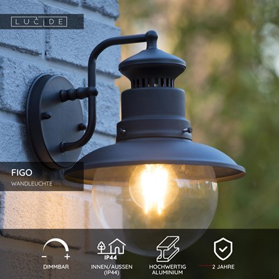 Lucide FIGO - Wandleuchte Innen/Außen - Ø 21,5 cm - 1xE27 - IP44 - Schwarz